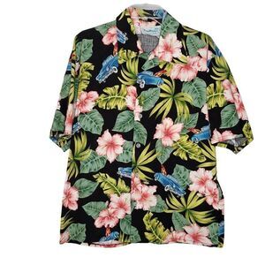 Vintage Hawaiian Button Down Shirt Convertible Car Floral Palm Leaves Sz S